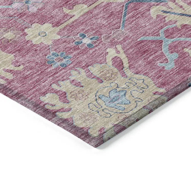 9' X 12' Pink Ivory And Denim Blue Floral Washable Indoor Outdoor Area Rug