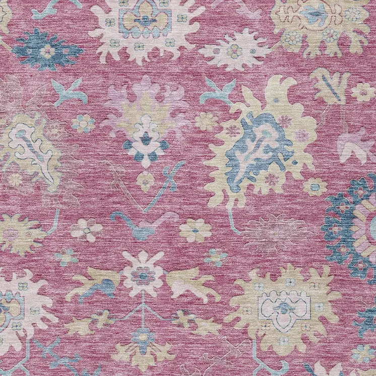 9' X 12' Pink Ivory And Denim Blue Floral Washable Indoor Outdoor Area Rug