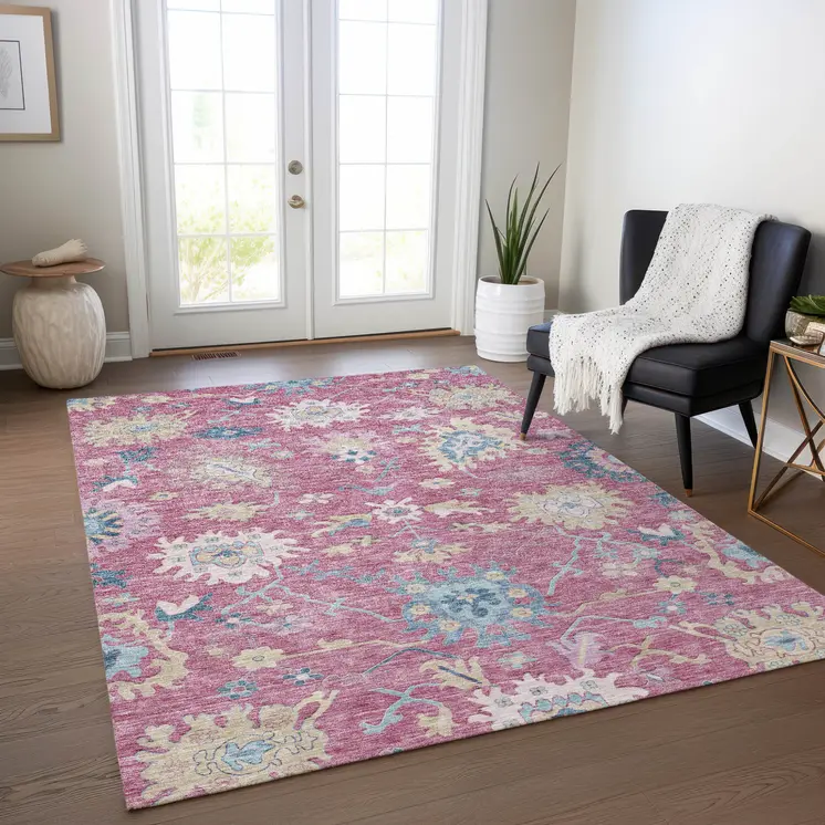 9' X 12' Pink Ivory And Denim Blue Floral Washable Indoor Outdoor Area Rug