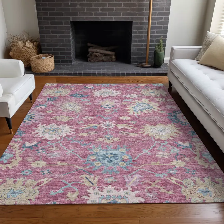 10' X 14' Pink Ivory And Denim Blue Floral Washable Indoor Outdoor Area Rug