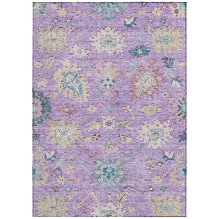 3' X 5' Purple Ivory And Denim Blue Floral Washable Indoor Outdoor Area Rug