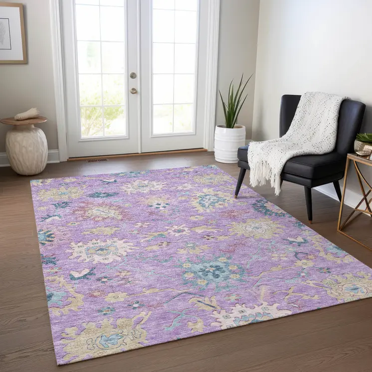 3' X 5' Purple Ivory And Denim Blue Floral Washable Indoor Outdoor Area Rug
