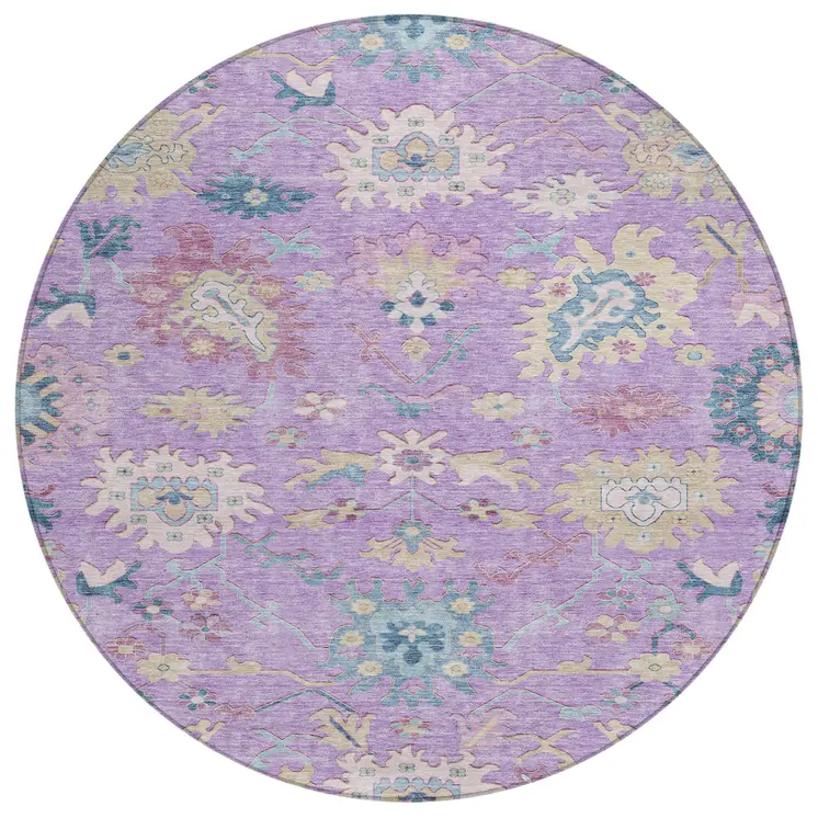 8' Purple Ivory And Denim Blue Round Floral Washable Indoor Outdoor Area Rug