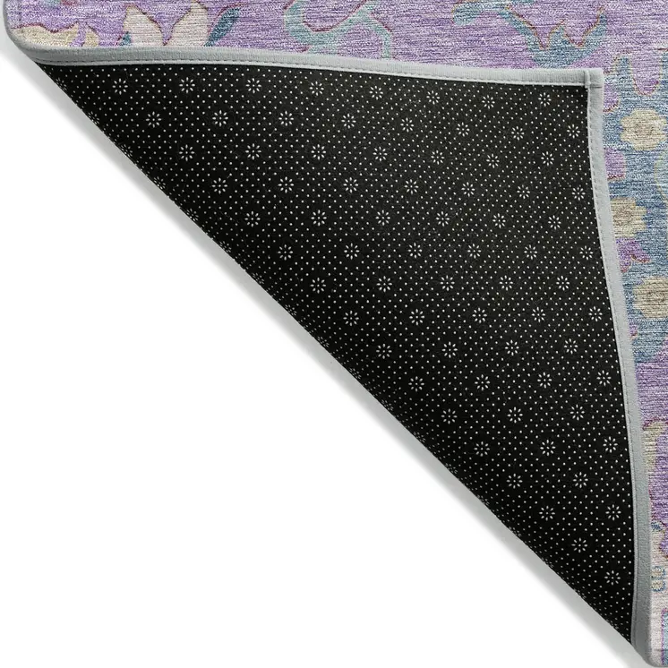 8' Purple Ivory And Denim Blue Round Floral Washable Indoor Outdoor Area Rug