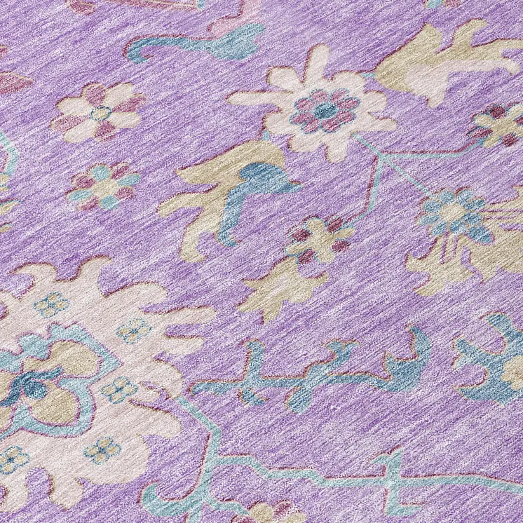 8' Purple Ivory And Denim Blue Round Floral Washable Indoor Outdoor Area Rug