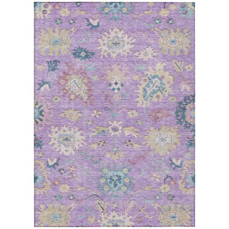 10' X 14' Purple Ivory And Denim Blue Floral Washable Indoor Outdoor Area Rug