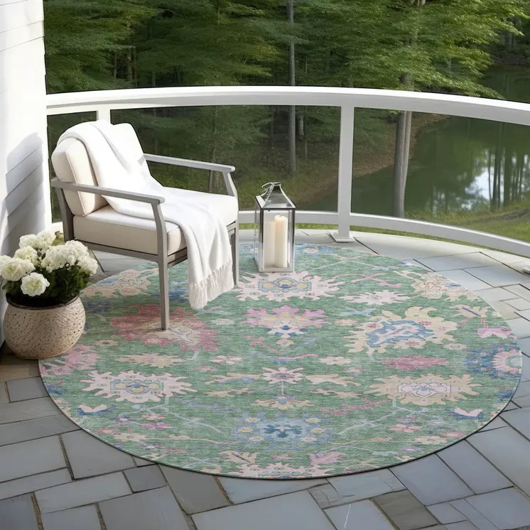 8' Sage Ivory And Pink Round Floral Washable Indoor Outdoor Area Rug