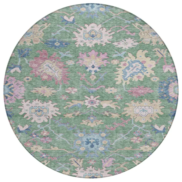 8' Sage Ivory And Pink Round Floral Washable Indoor Outdoor Area Rug