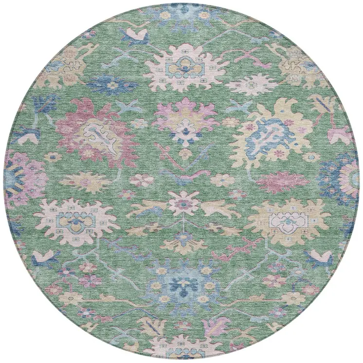 8' Sage Ivory And Pink Round Floral Washable Indoor Outdoor Area Rug