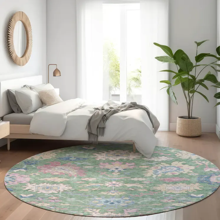 8' Sage Ivory And Pink Round Floral Washable Indoor Outdoor Area Rug