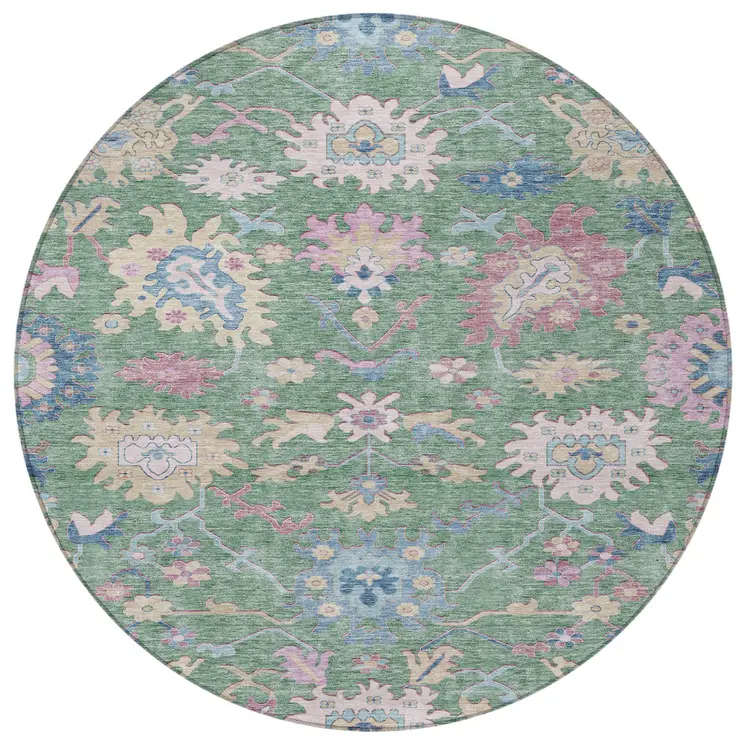 8' Sage Ivory And Pink Round Floral Washable Indoor Outdoor Area Rug
