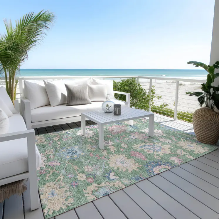 8' X 10' Sage Ivory And Pink Floral Washable Indoor Outdoor Area Rug