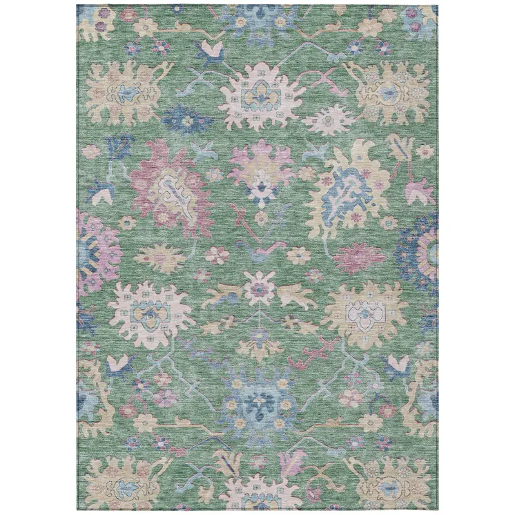 8' X 10' Sage Ivory And Pink Floral Washable Indoor Outdoor Area Rug