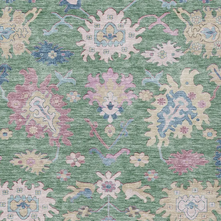 8' X 10' Sage Ivory And Pink Floral Washable Indoor Outdoor Area Rug