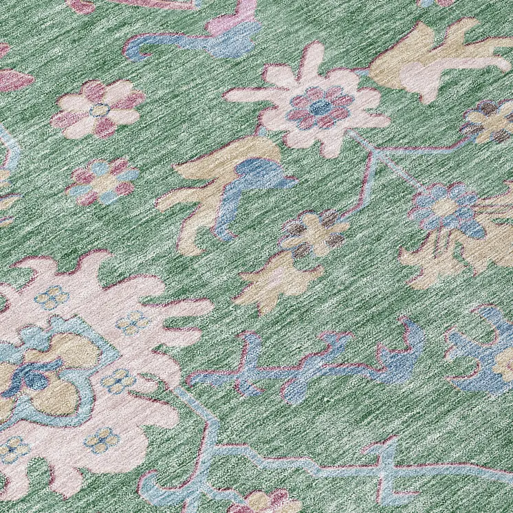 8' X 10' Sage Ivory And Pink Floral Washable Indoor Outdoor Area Rug