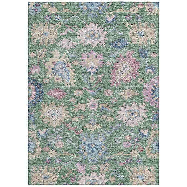 9' X 12' Sage Ivory And Pink Floral Washable Indoor Outdoor Area Rug