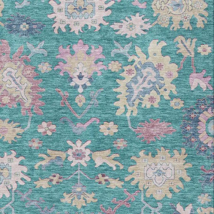 5' X 8' Teal Blue Pink And Ivory Floral Washable Indoor Outdoor Area Rug
