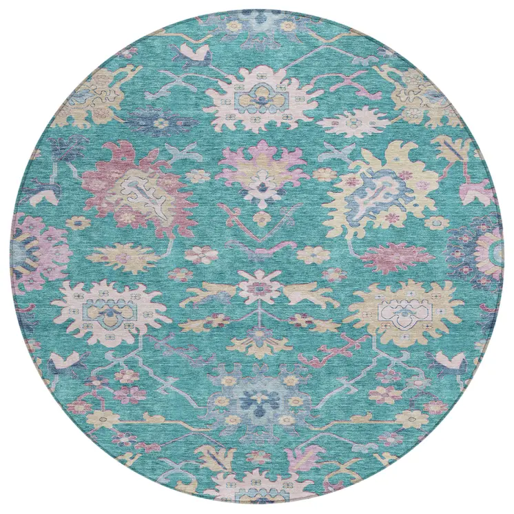 8' Teal Blue Pink And Ivory Round Floral Washable Indoor Outdoor Area Rug