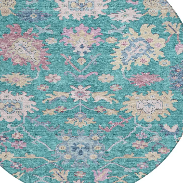 8' Teal Blue Pink And Ivory Round Floral Washable Indoor Outdoor Area Rug