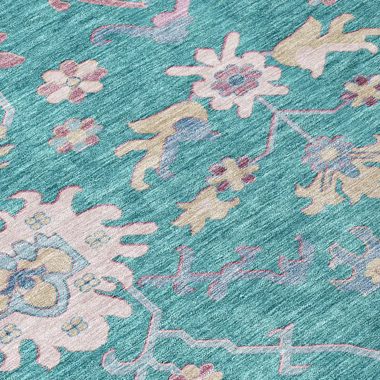 8' Teal Blue Pink And Ivory Round Floral Washable Indoor Outdoor Area Rug