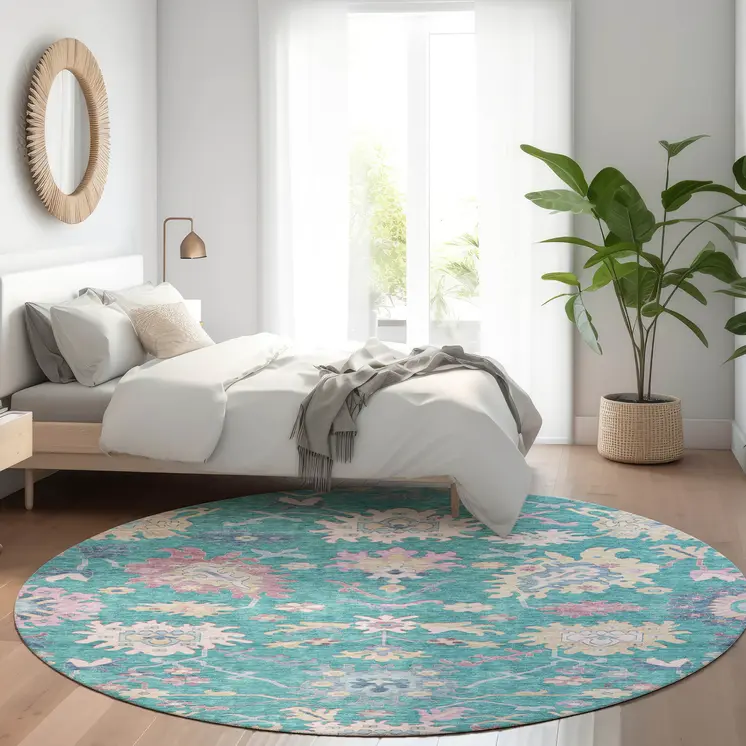 8' Teal Blue Pink And Ivory Round Floral Washable Indoor Outdoor Area Rug
