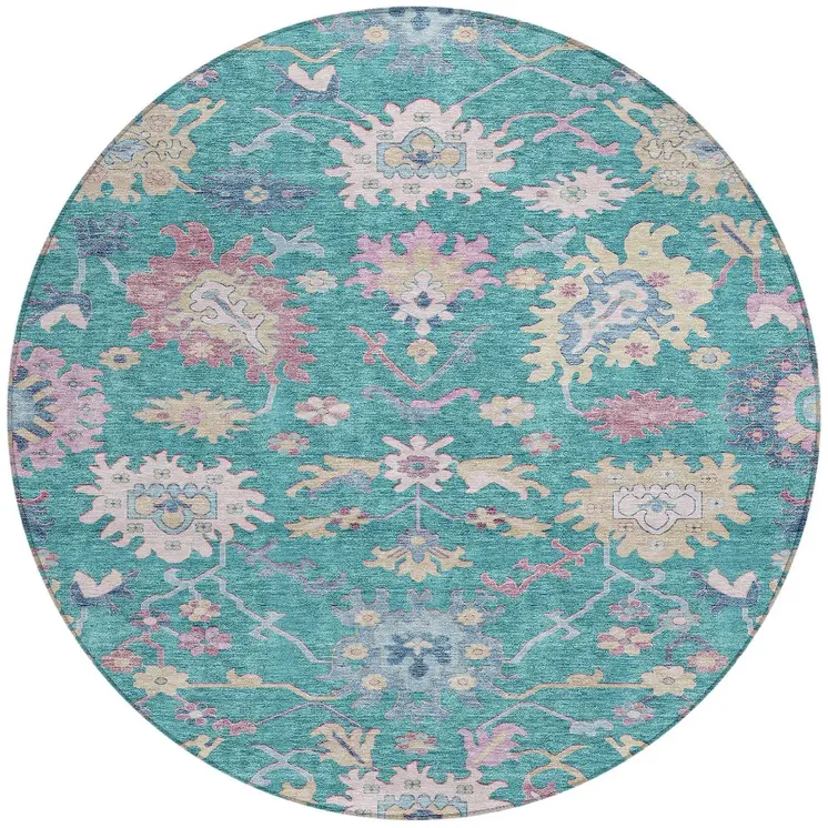 8' Teal Blue Pink And Ivory Round Floral Washable Indoor Outdoor Area Rug