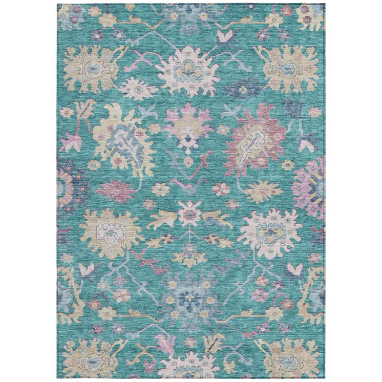 8' X 10' Teal Blue Pink And Ivory Floral Washable Indoor Outdoor Area Rug