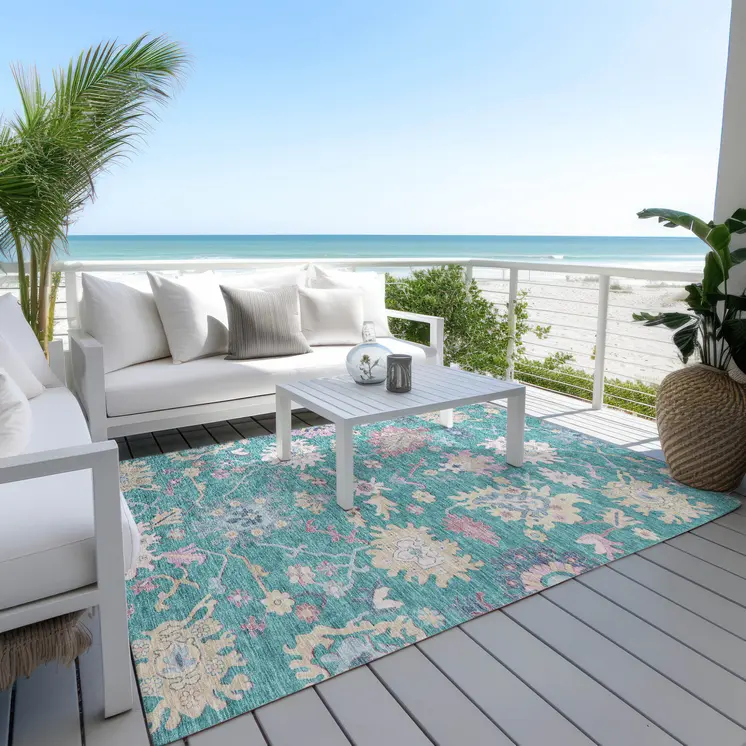 8' X 10' Teal Blue Pink And Ivory Floral Washable Indoor Outdoor Area Rug
