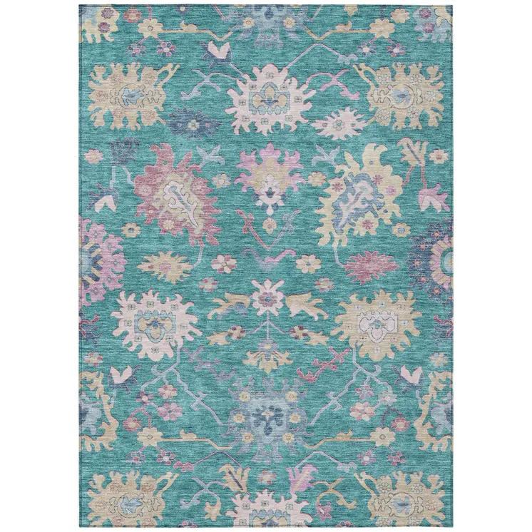 8' X 10' Teal Blue Pink And Ivory Floral Washable Indoor Outdoor Area Rug