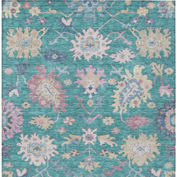 8' X 10' Teal Blue Pink And Ivory Floral Washable Indoor Outdoor Area Rug