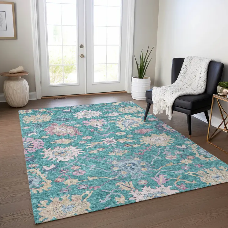 8' X 10' Teal Blue Pink And Ivory Floral Washable Indoor Outdoor Area Rug