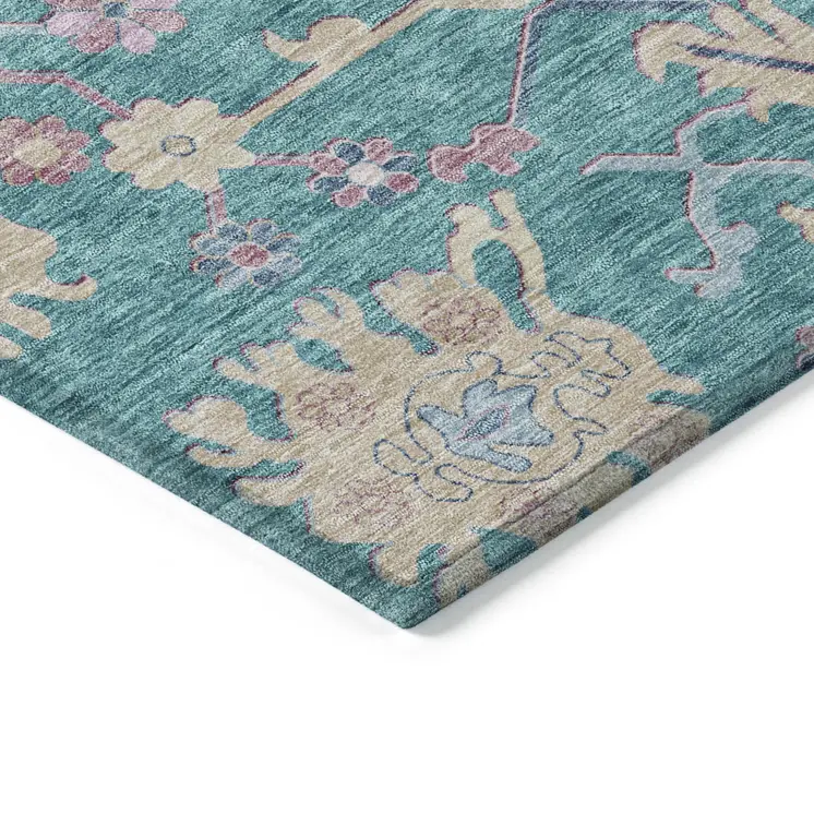 10' X 14' Teal Blue Pink And Ivory Floral Washable Indoor Outdoor Area Rug