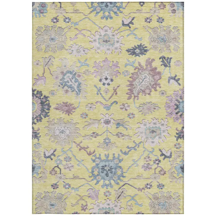 3' X 5' Yellow Lavender And Denim Blue Floral Washable Indoor Outdoor Area Rug