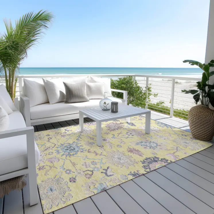 9' X 12' Yellow Lavender And Denim Blue Floral Washable Indoor Outdoor Area Rug