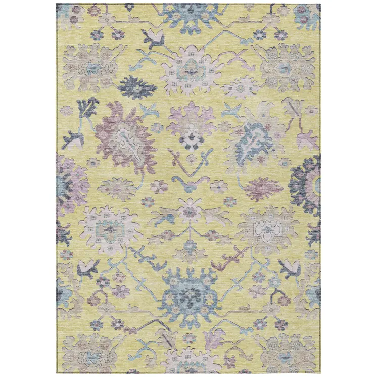 9' X 12' Yellow Lavender And Denim Blue Floral Washable Indoor Outdoor Area Rug