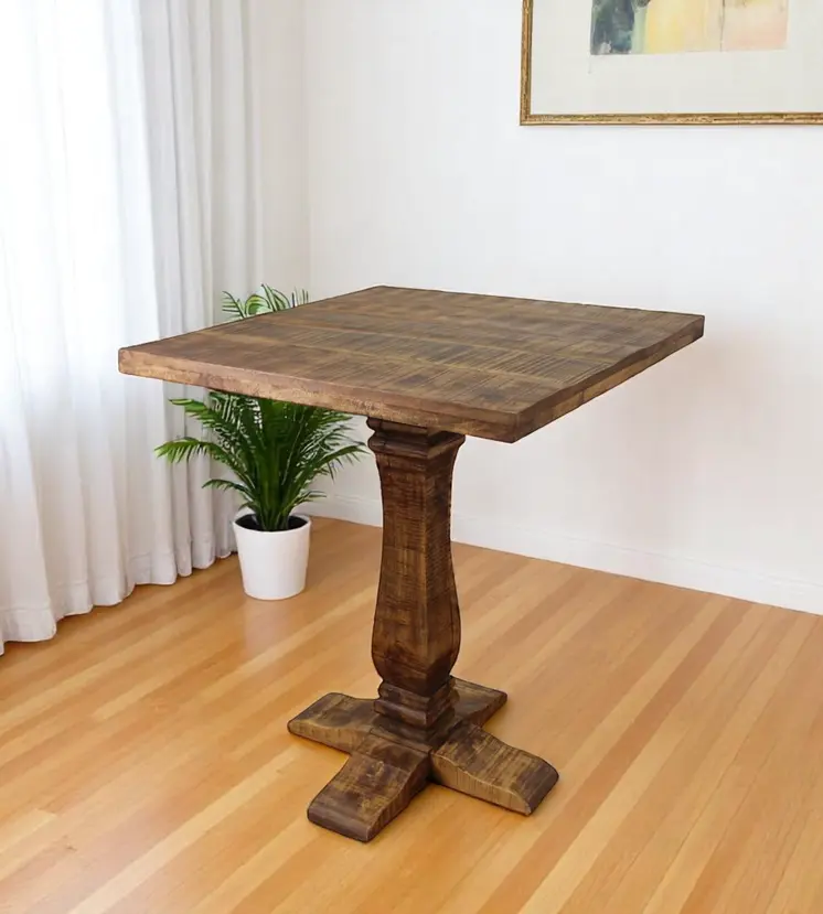 36" Brown Solid Wood Square Pedestal Bar Table