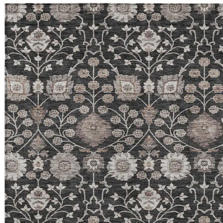 3' X 5' Black Brown And Beige Floral Washable Indoor Outdoor Area Rug