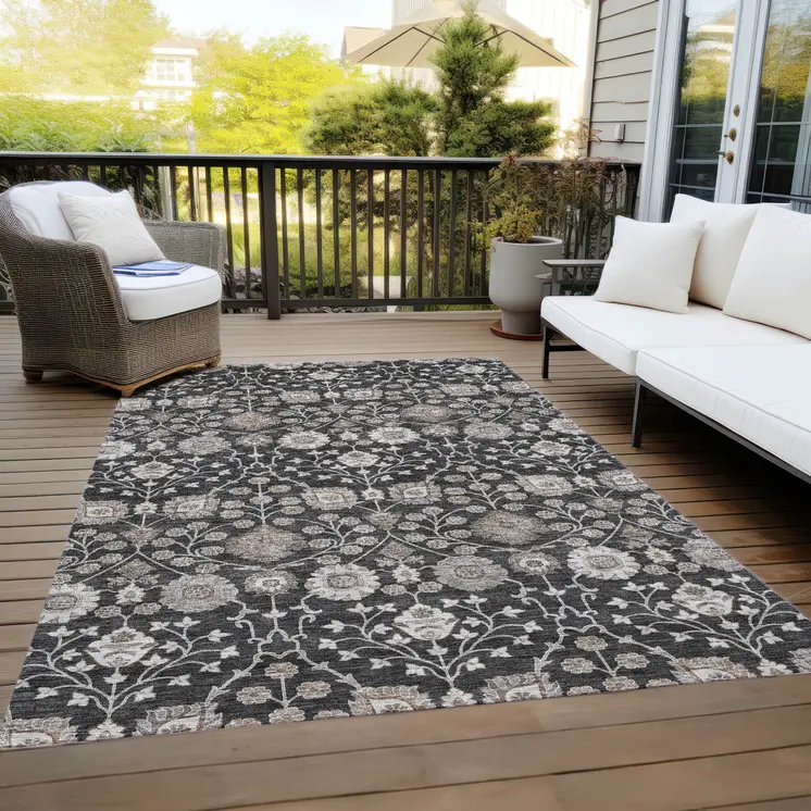 5' X 8' Black Brown And Beige Floral Washable Indoor Outdoor Area Rug
