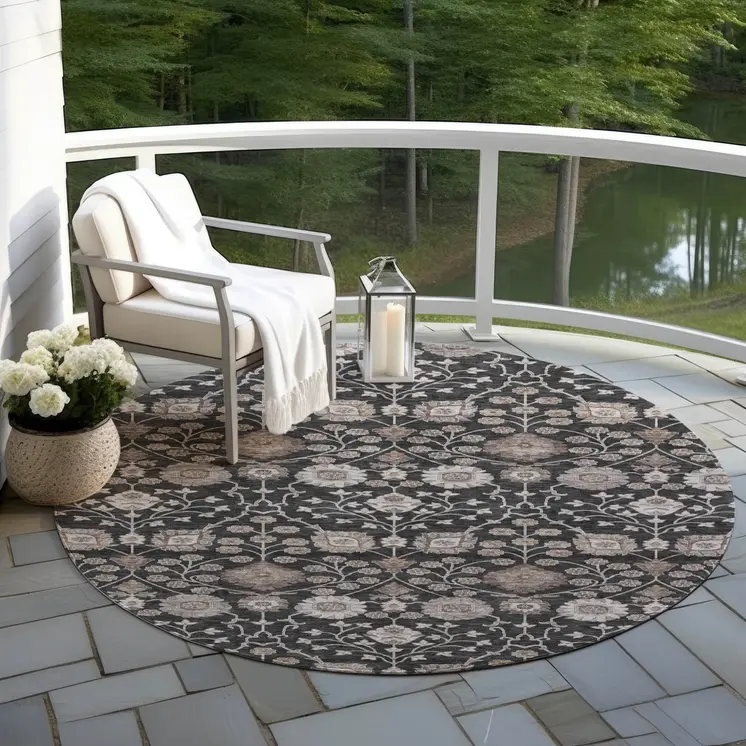 8' Black Brown And Beige Round Floral Washable Indoor Outdoor Area Rug