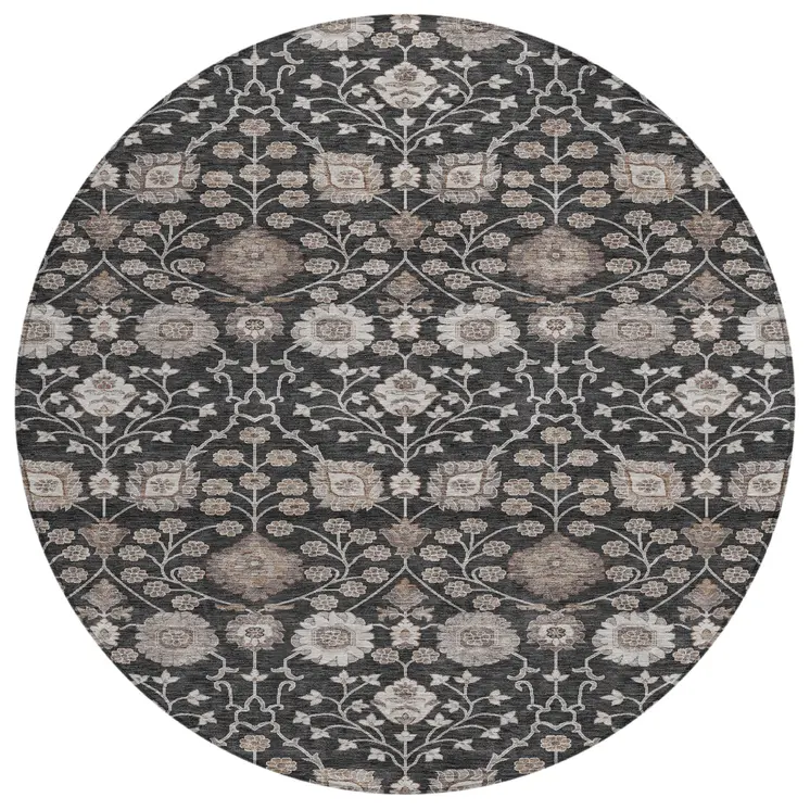 8' Black Brown And Beige Round Floral Washable Indoor Outdoor Area Rug