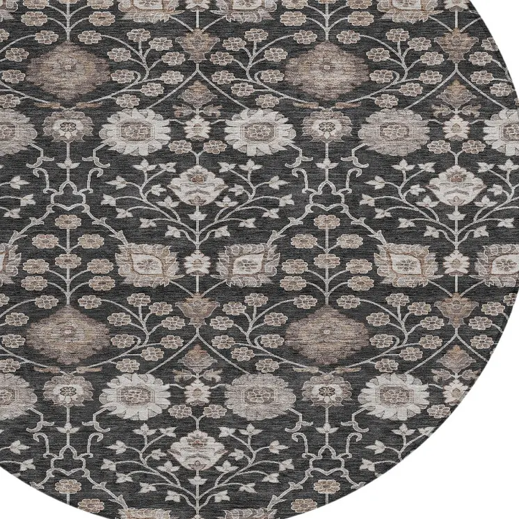 8' Black Brown And Beige Round Floral Washable Indoor Outdoor Area Rug