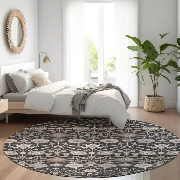 8' Black Brown And Beige Round Floral Washable Indoor Outdoor Area Rug