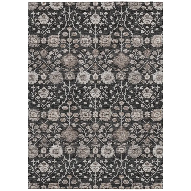 8' X 10' Black Brown And Beige Floral Washable Indoor Outdoor Area Rug