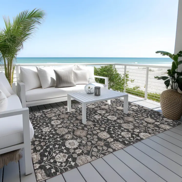 8' X 10' Black Brown And Beige Floral Washable Indoor Outdoor Area Rug
