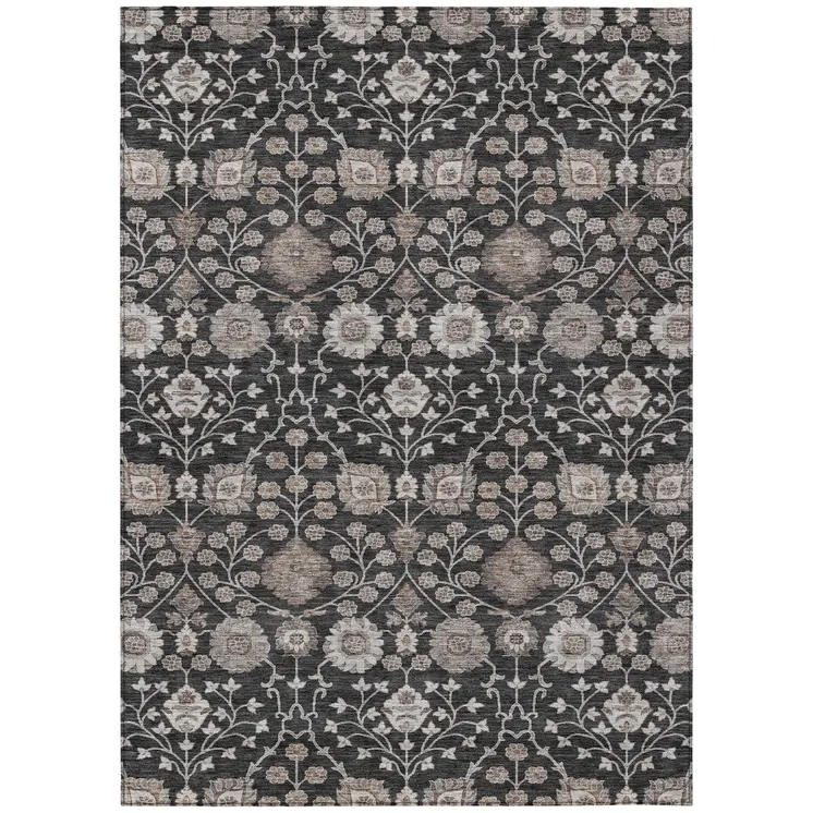 8' X 10' Black Brown And Beige Floral Washable Indoor Outdoor Area Rug