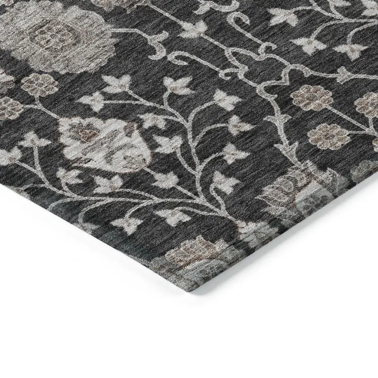 8' X 10' Black Brown And Beige Floral Washable Indoor Outdoor Area Rug