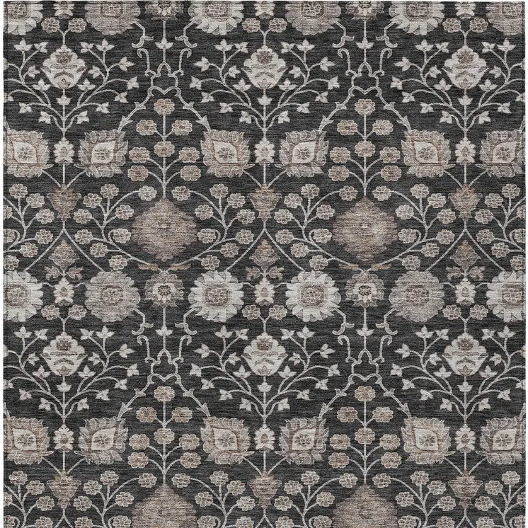 9' X 12' Black Brown And Beige Floral Washable Indoor Outdoor Area Rug