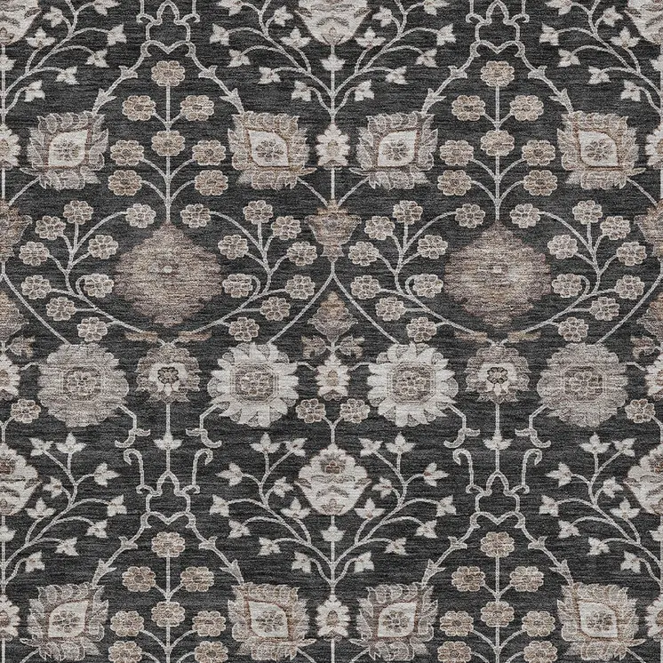 9' X 12' Black Brown And Beige Floral Washable Indoor Outdoor Area Rug