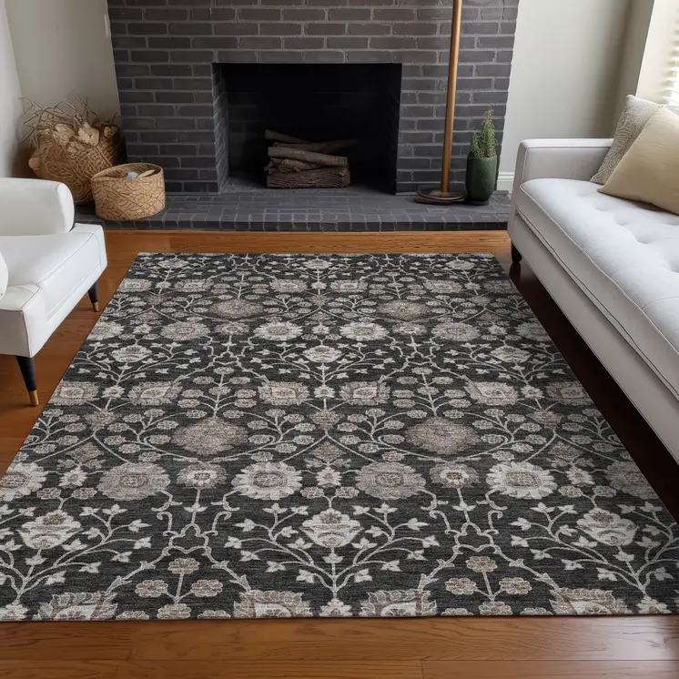 9' X 12' Black Brown And Beige Floral Washable Indoor Outdoor Area Rug