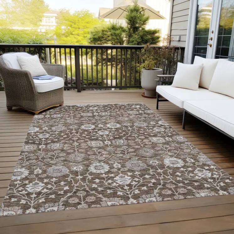 3' X 5' Chocolate Beige And Gray Floral Washable Indoor Outdoor Area Rug